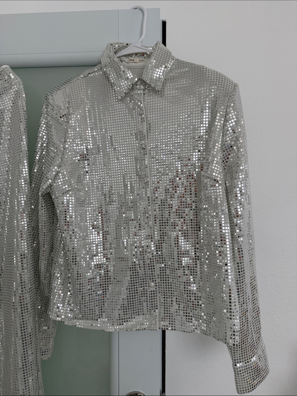 Main Strip Shimmering Silver Sequin Blouse and Pant set